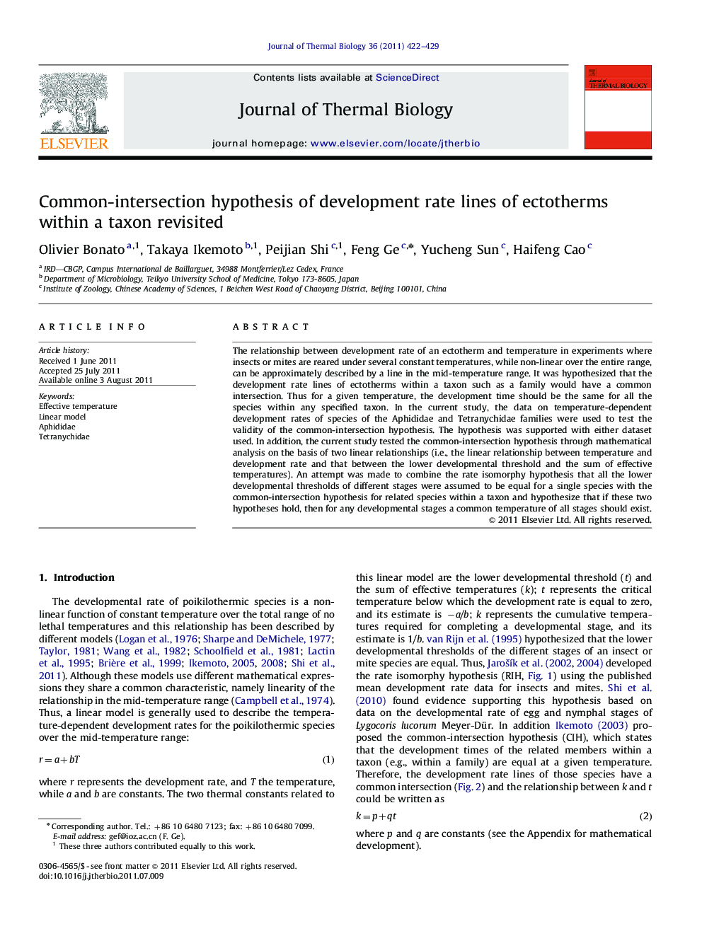 Common-intersection hypothesis of development rate lines of ectotherms within a taxon revisited