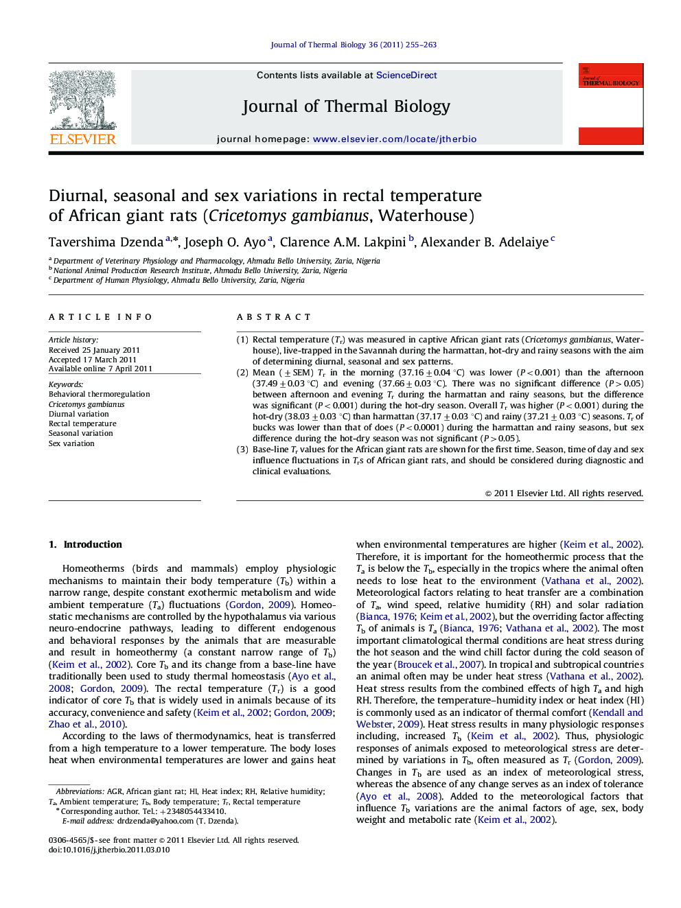 Diurnal, seasonal and sex variations in rectal temperature of African giant rats (Cricetomys gambianus, Waterhouse)