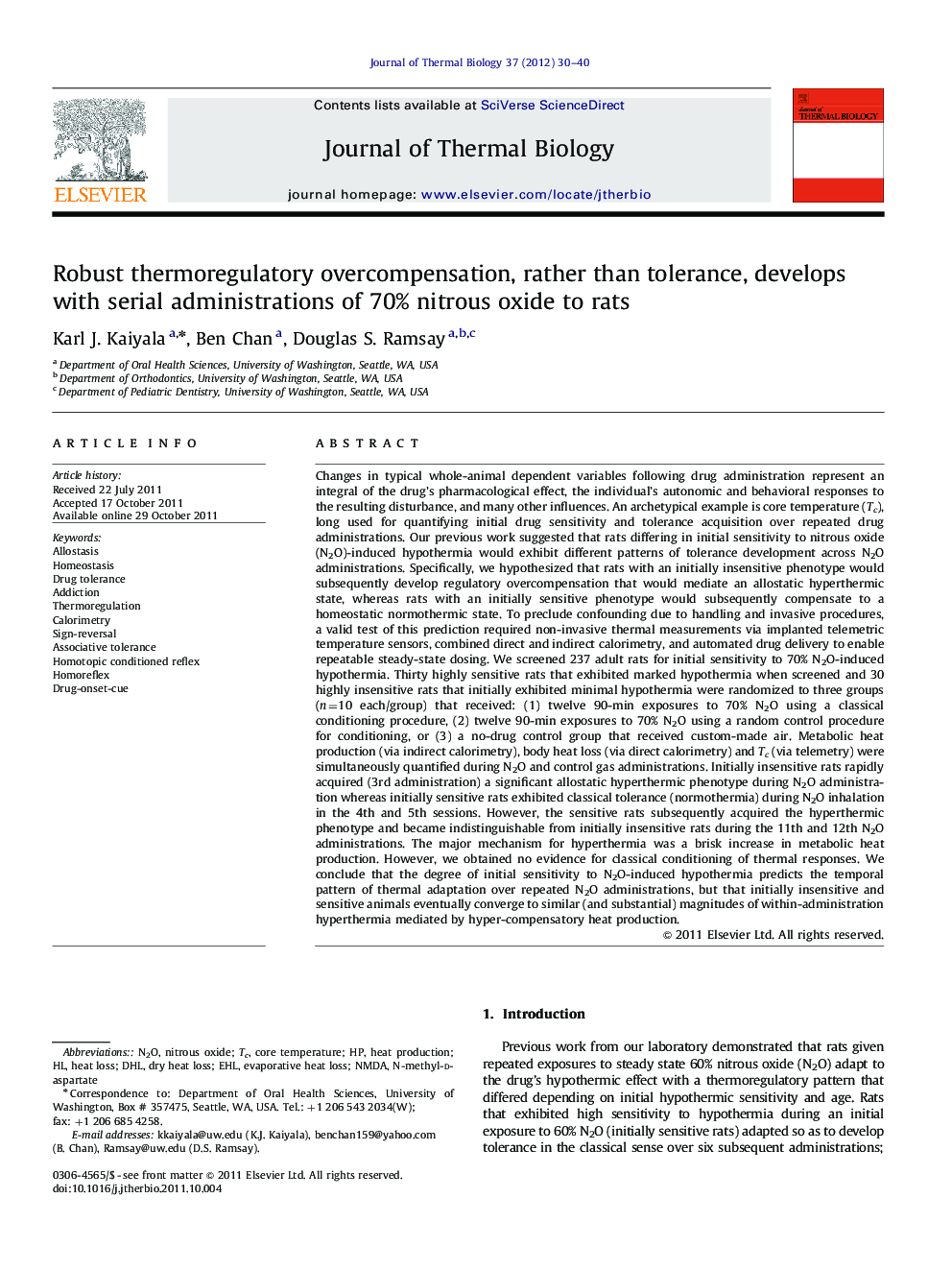 Robust thermoregulatory overcompensation, rather than tolerance, develops with serial administrations of 70% nitrous oxide to rats