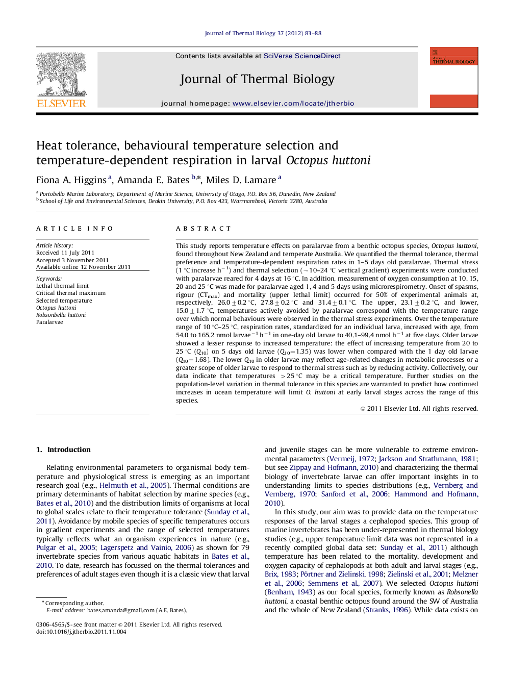 Heat tolerance, behavioural temperature selection and temperature-dependent respiration in larval Octopus huttoni