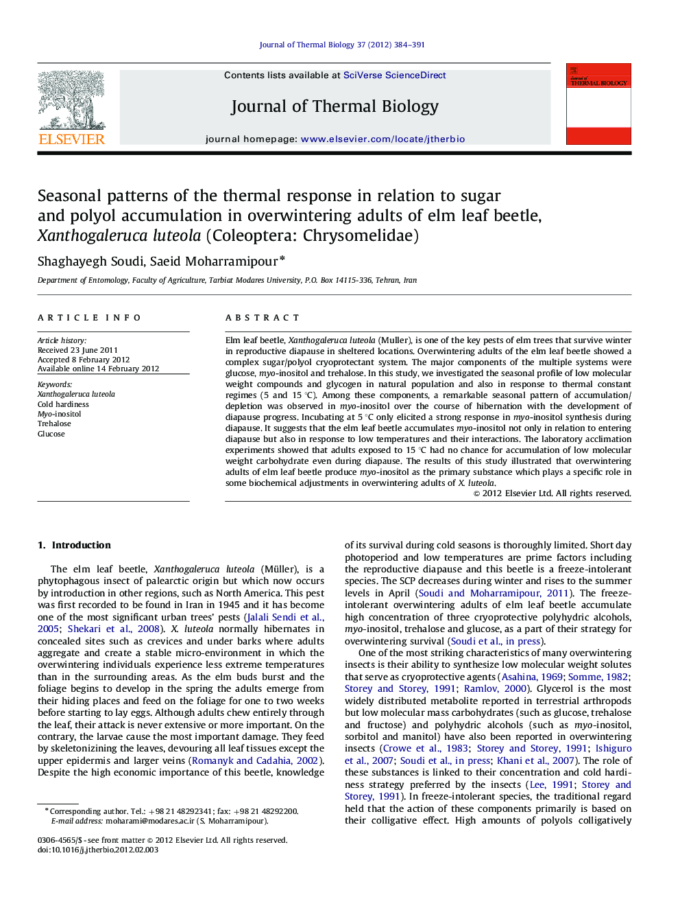 Seasonal patterns of the thermal response in relation to sugar and polyol accumulation in overwintering adults of elm leaf beetle, Xanthogaleruca luteola (Coleoptera: Chrysomelidae)