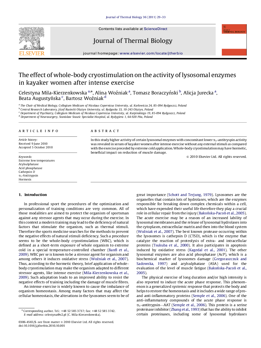 The effect of whole-body cryostimulation on the activity of lysosomal enzymes in kayaker women after intense exercise