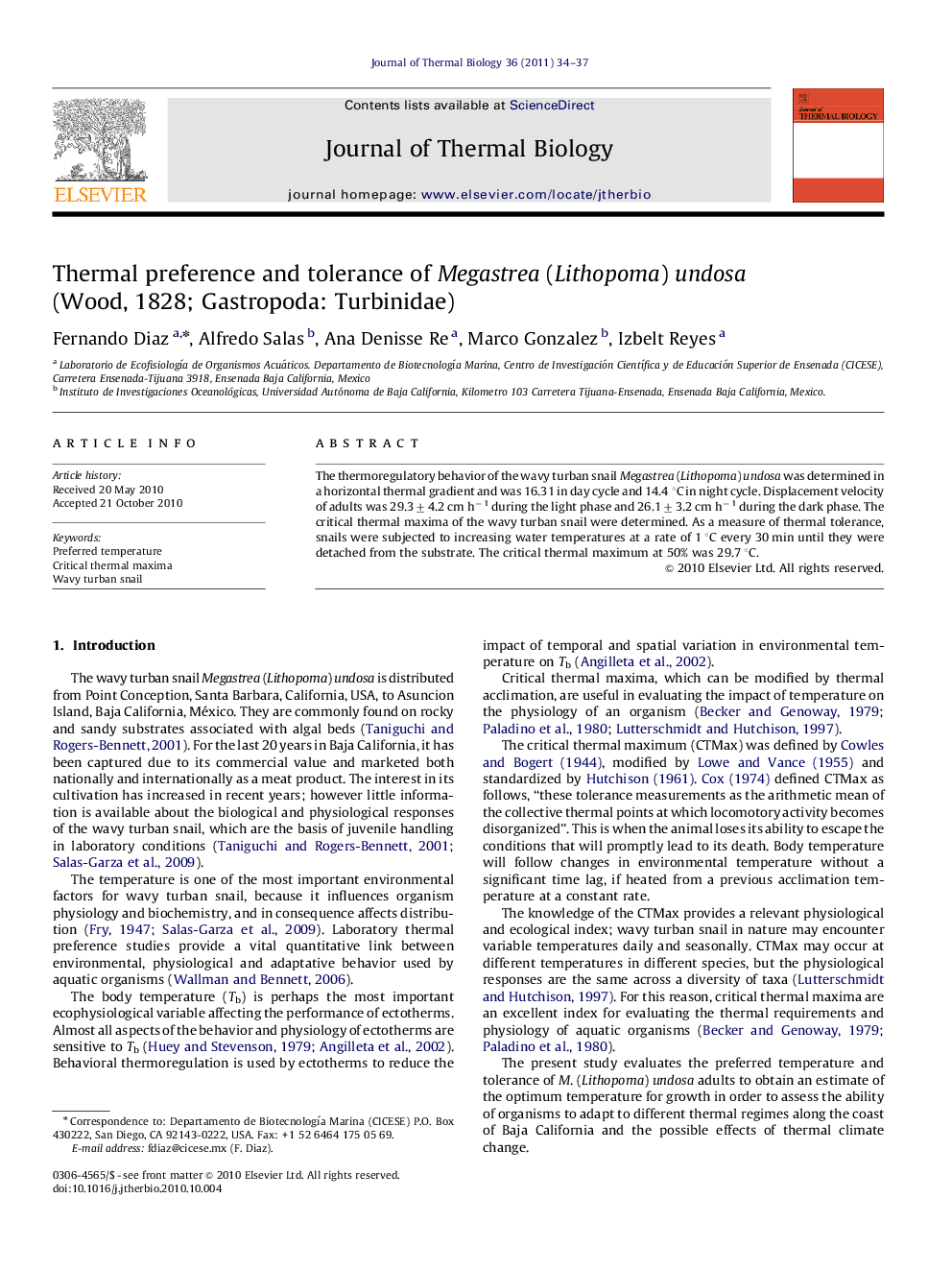 Thermal preference and tolerance of Megastrea (Lithopoma) undosa (Wood, 1828; Gastropoda: Turbinidae)