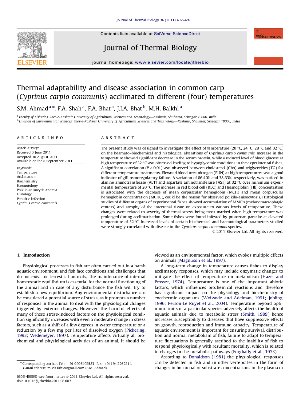 Thermal adaptability and disease association in common carp (Cyprinus carpio communis) acclimated to different (four) temperatures