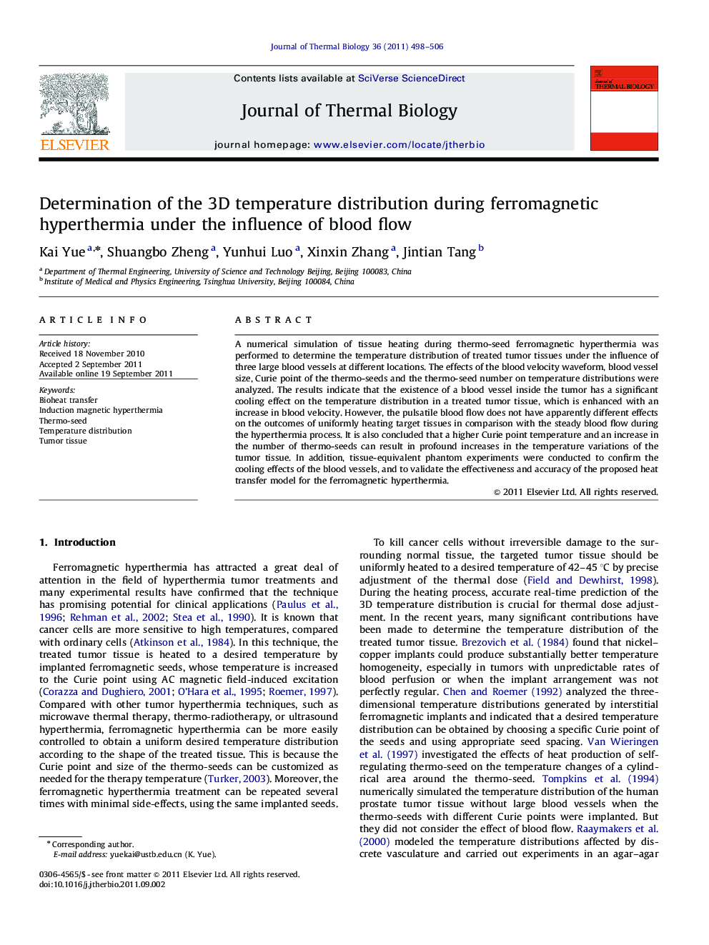 Determination of the 3D temperature distribution during ferromagnetic hyperthermia under the influence of blood flow