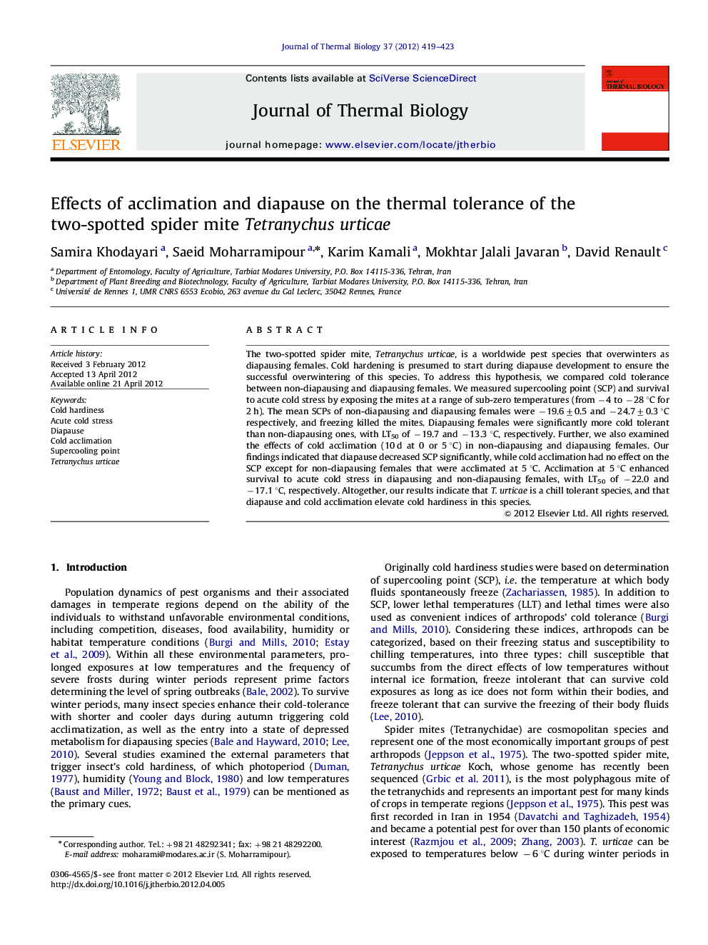 Effects of acclimation and diapause on the thermal tolerance of the two-spotted spider mite Tetranychus urticae