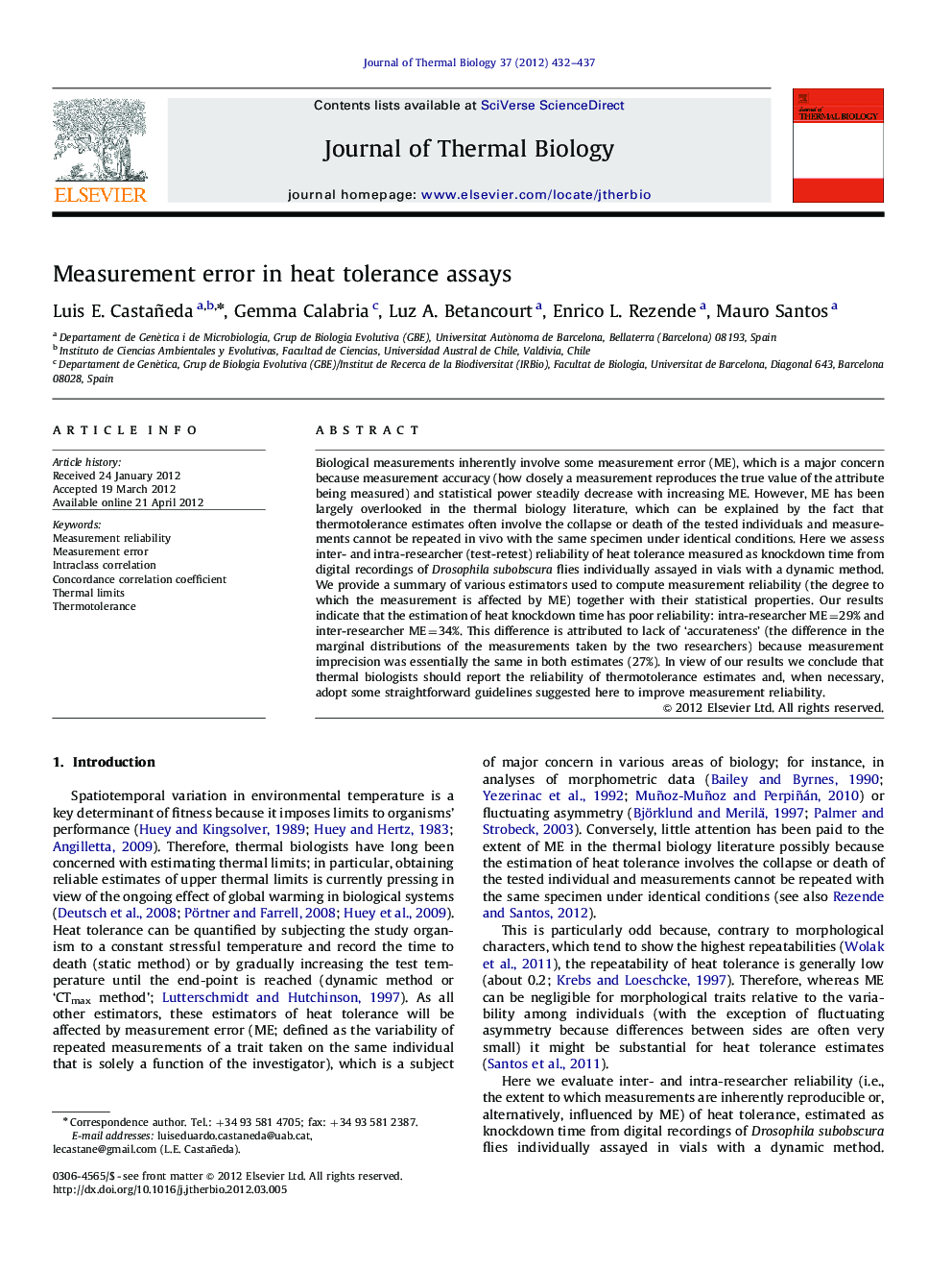 Measurement error in heat tolerance assays