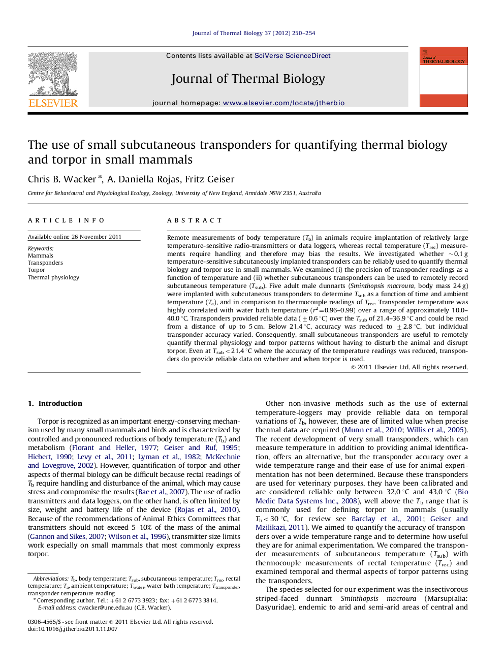 عکس صفحه اول مقاله: The use of small subcutaneous transponders for quantifying thermal biology and torpor in small mammals The use of small subcutaneous transponders for quantifying thermal biology and torpor in small mammals