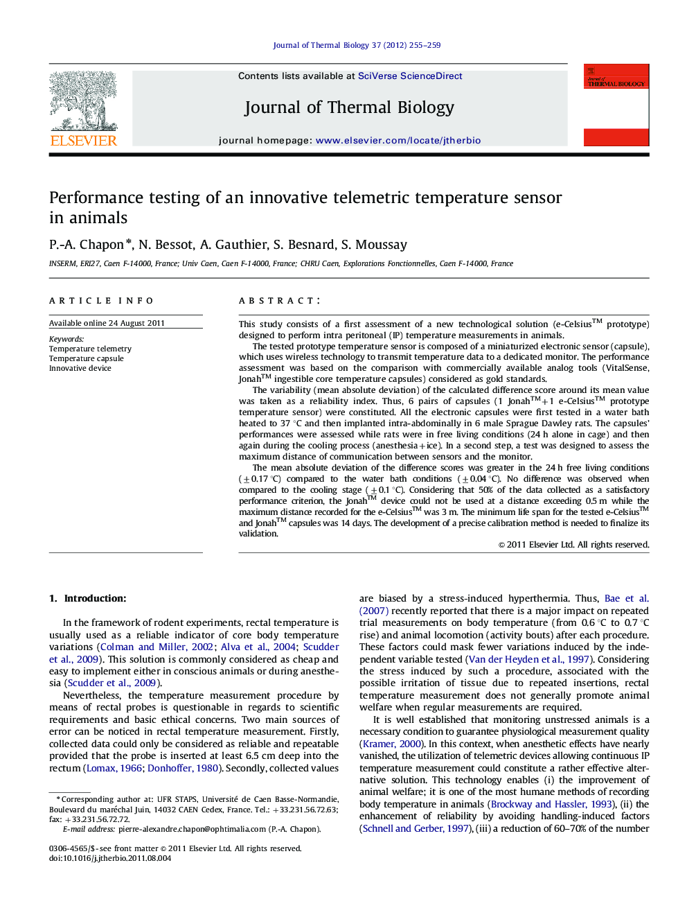 Performance testing of an innovative telemetric temperature sensor in animals