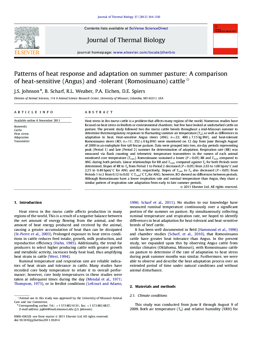 Patterns of heat response and adaptation on summer pasture: A comparison of heat-sensitive (Angus) and -tolerant (Romosinuano) cattle 