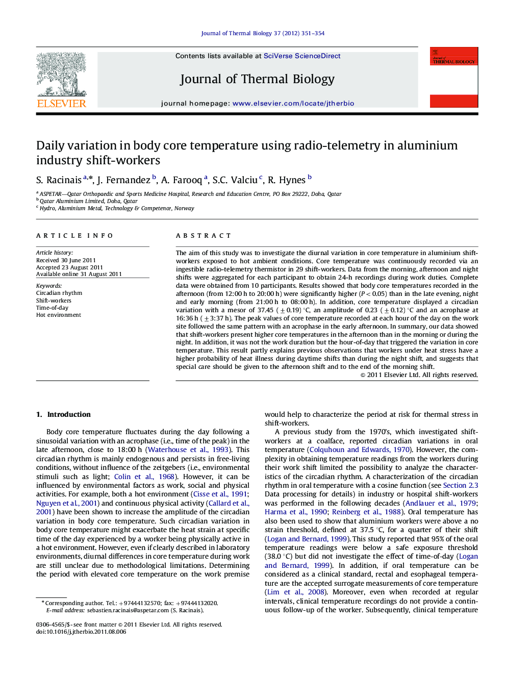 Daily variation in body core temperature using radio-telemetry in aluminium industry shift-workers