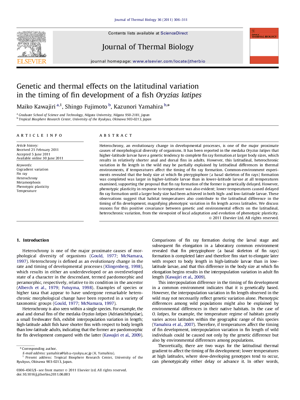 Genetic and thermal effects on the latitudinal variation in the timing of fin development of a fish Oryzias latipes