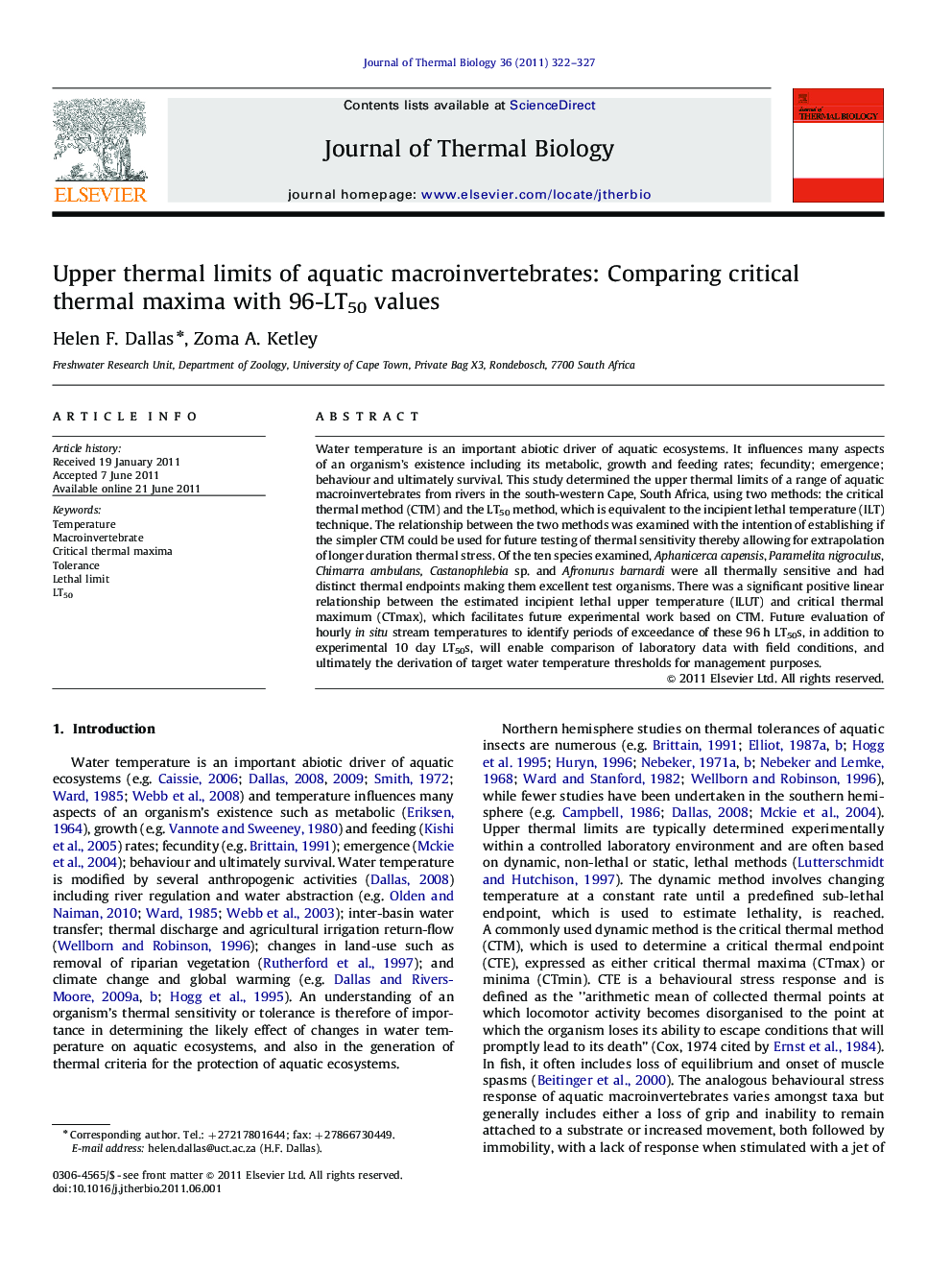 Upper thermal limits of aquatic macroinvertebrates: Comparing critical thermal maxima with 96-LT50 values