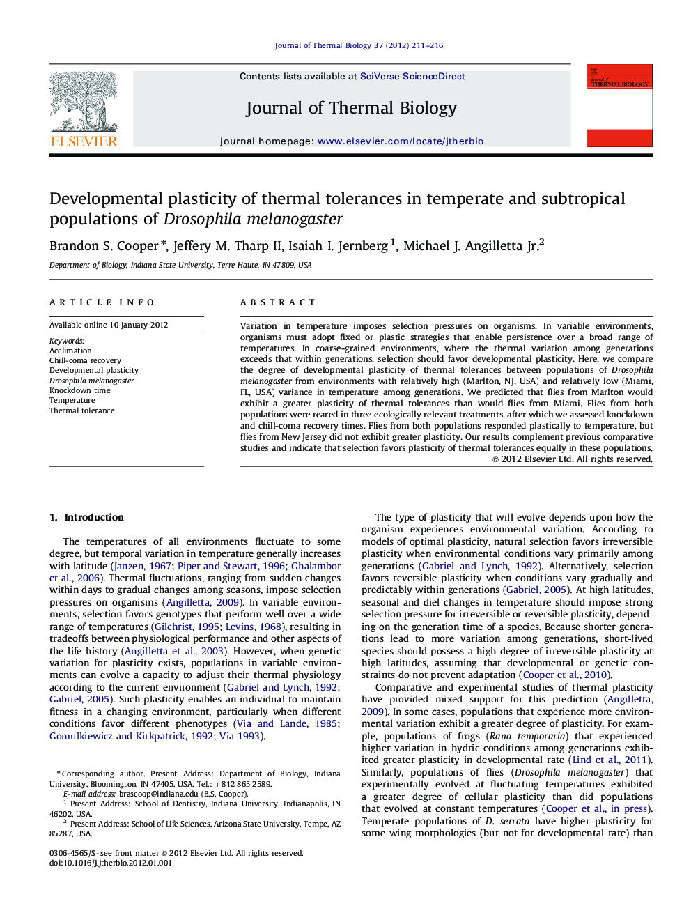 Developmental plasticity of thermal tolerances in temperate and subtropical populations of Drosophila melanogaster