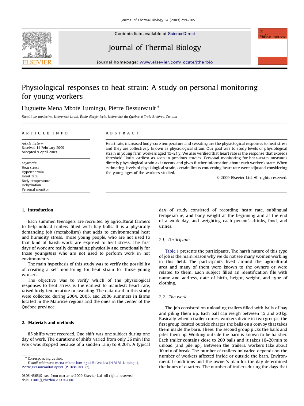 Physiological responses to heat strain: A study on personal monitoring for young workers