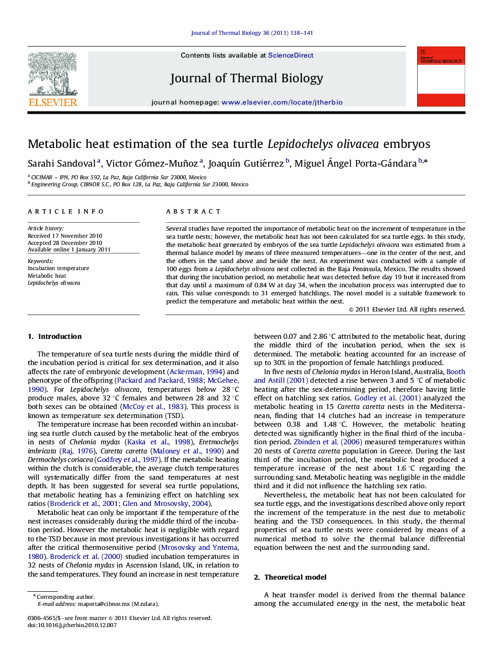 Metabolic heat estimation of the sea turtle Lepidochelys olivacea embryos