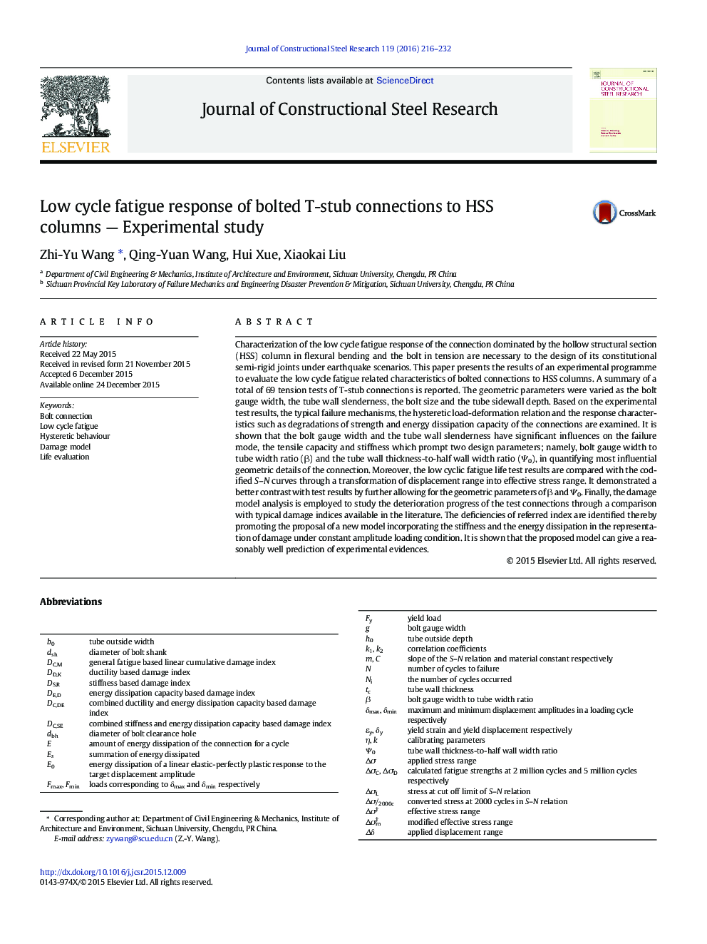 Low cycle fatigue response of bolted T-stub connections to HSS columns — Experimental study