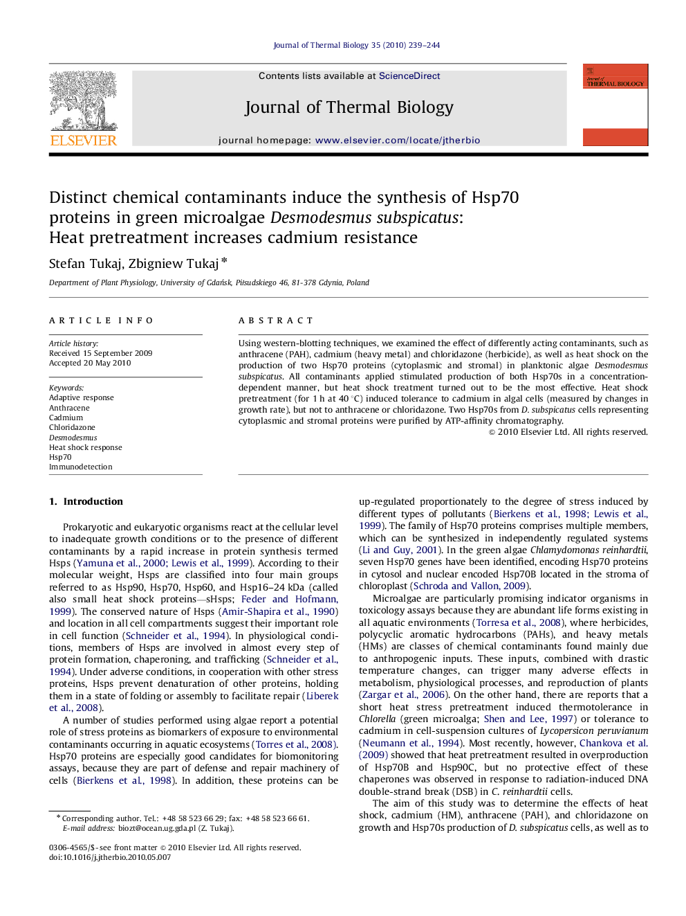 Distinct chemical contaminants induce the synthesis of Hsp70 proteins in green microalgae Desmodesmus subspicatus: Heat pretreatment increases cadmium resistance