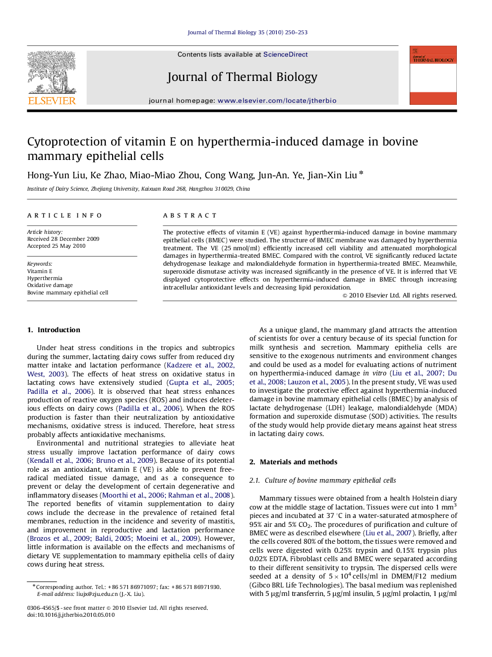 Cytoprotection of vitamin E on hyperthermia-induced damage in bovine mammary epithelial cells