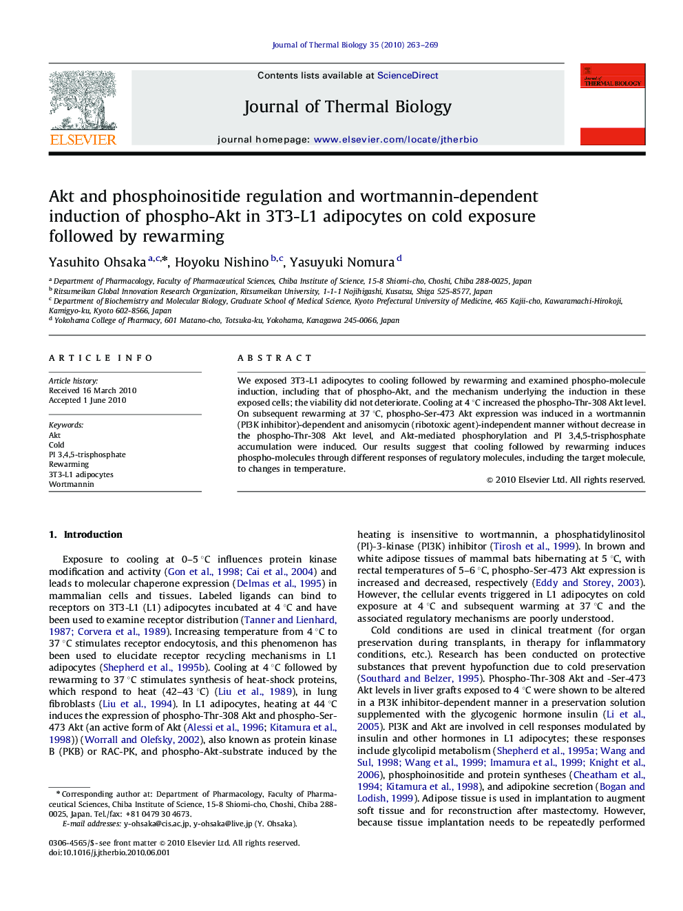 Akt and phosphoinositide regulation and wortmannin-dependent induction of phospho-Akt in 3T3-L1 adipocytes on cold exposure followed by rewarming