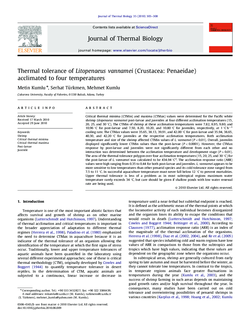 Thermal tolerance of Litopenaeus vannamei (Crustacea: Penaeidae) acclimated to four temperatures