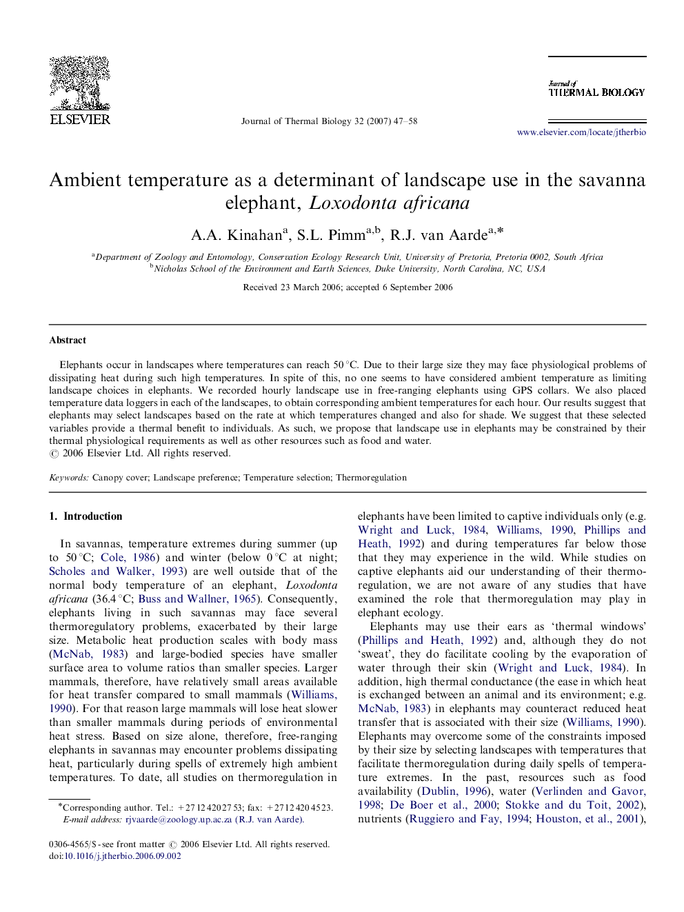 Ambient temperature as a determinant of landscape use in the savanna elephant, Loxodonta africana