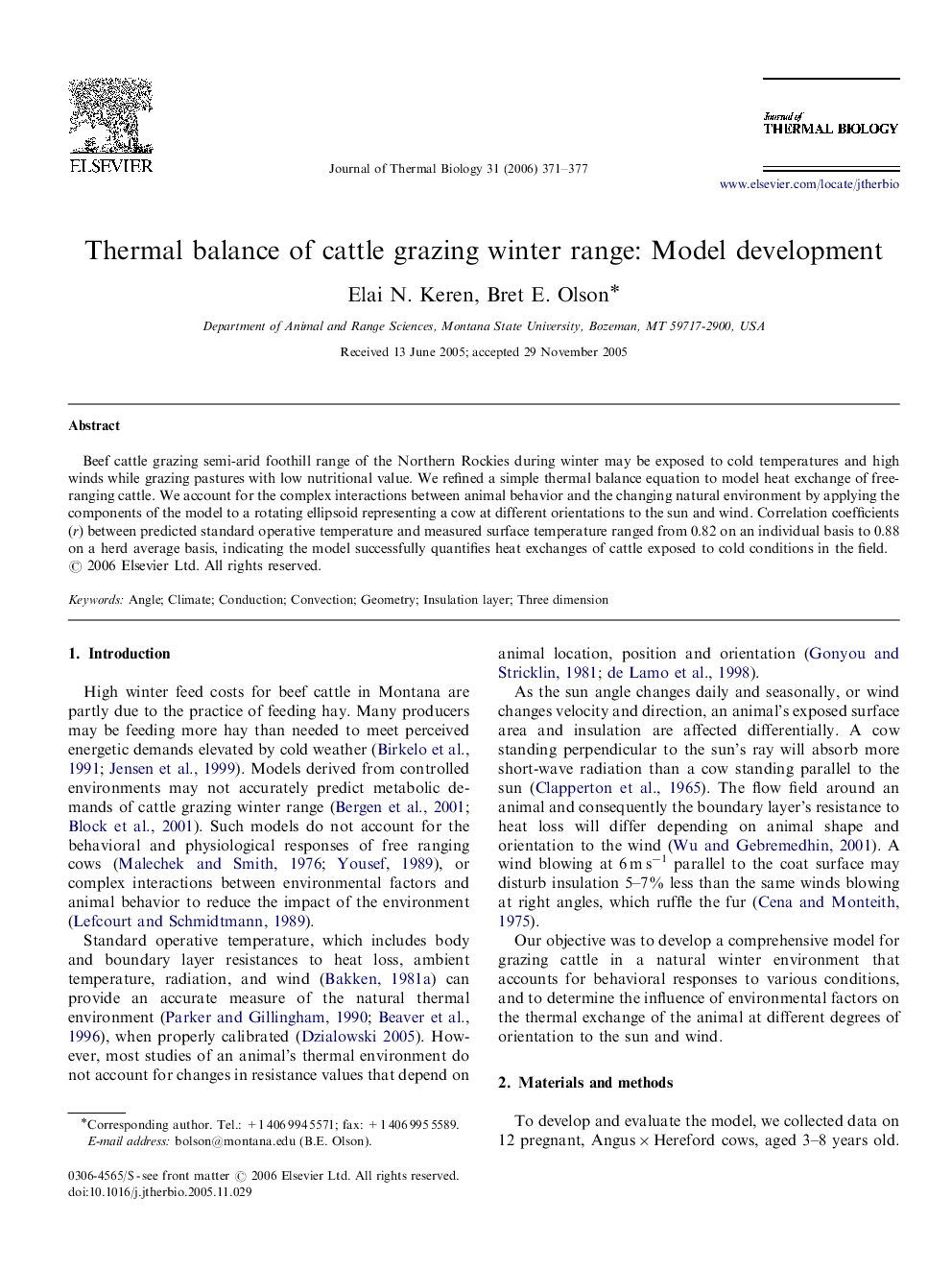 Thermal balance of cattle grazing winter range: Model development