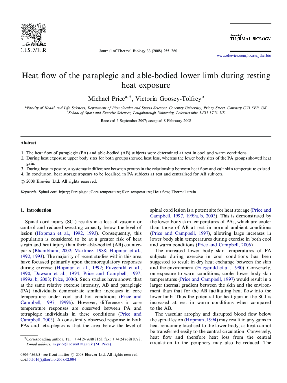 Heat flow of the paraplegic and able-bodied lower limb during resting heat exposure