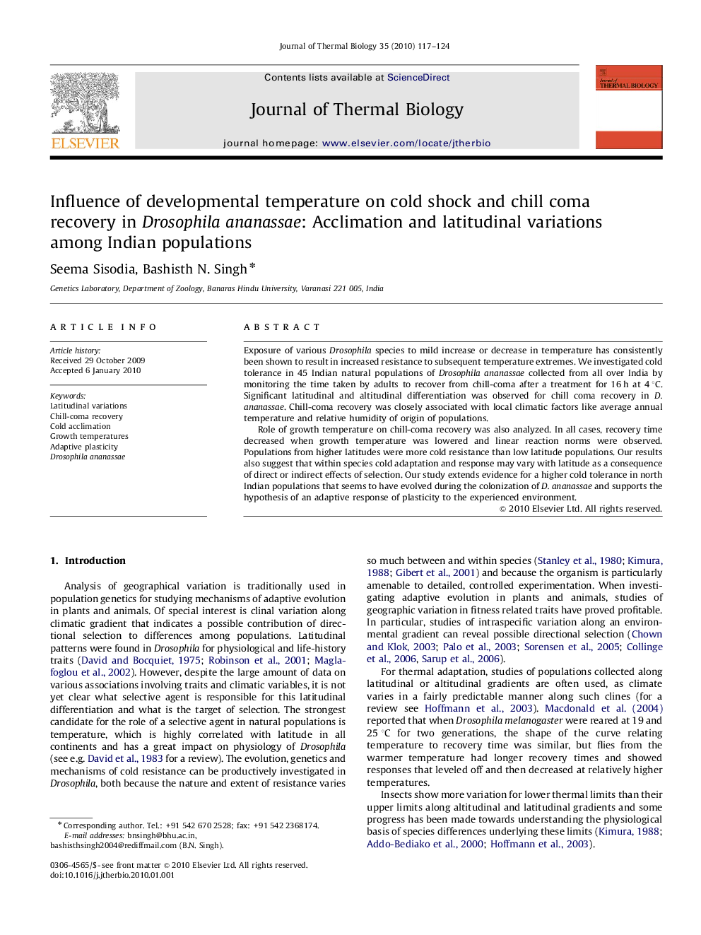 Influence of developmental temperature on cold shock and chill coma recovery in Drosophila ananassae: Acclimation and latitudinal variations among Indian populations