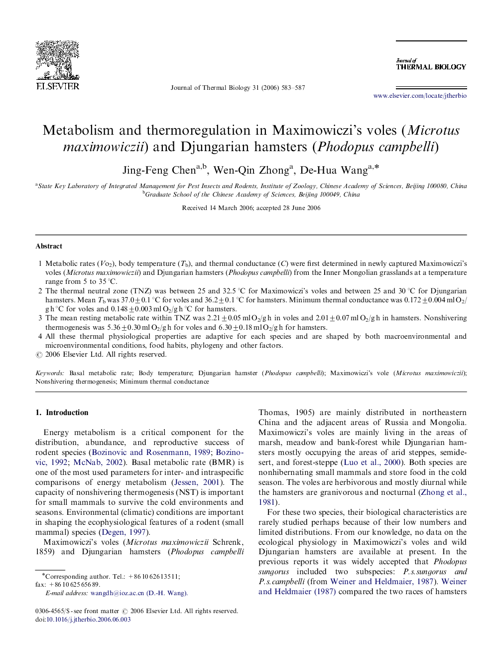 Metabolism and thermoregulation in Maximowiczi's voles (Microtus maximowiczii) and Djungarian hamsters (Phodopus campbelli)