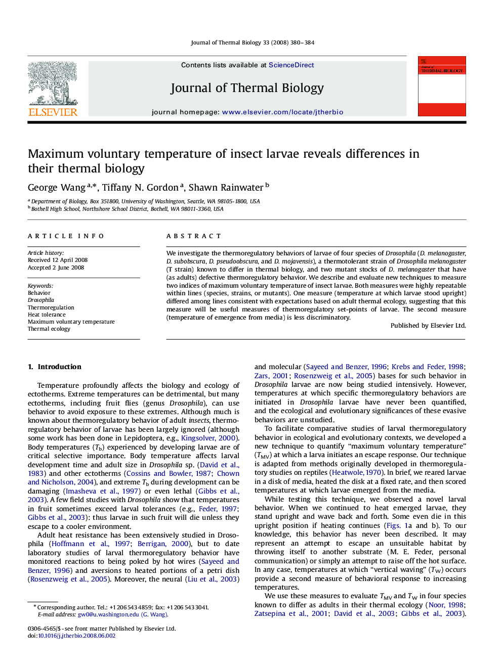 Maximum voluntary temperature of insect larvae reveals differences in their thermal biology