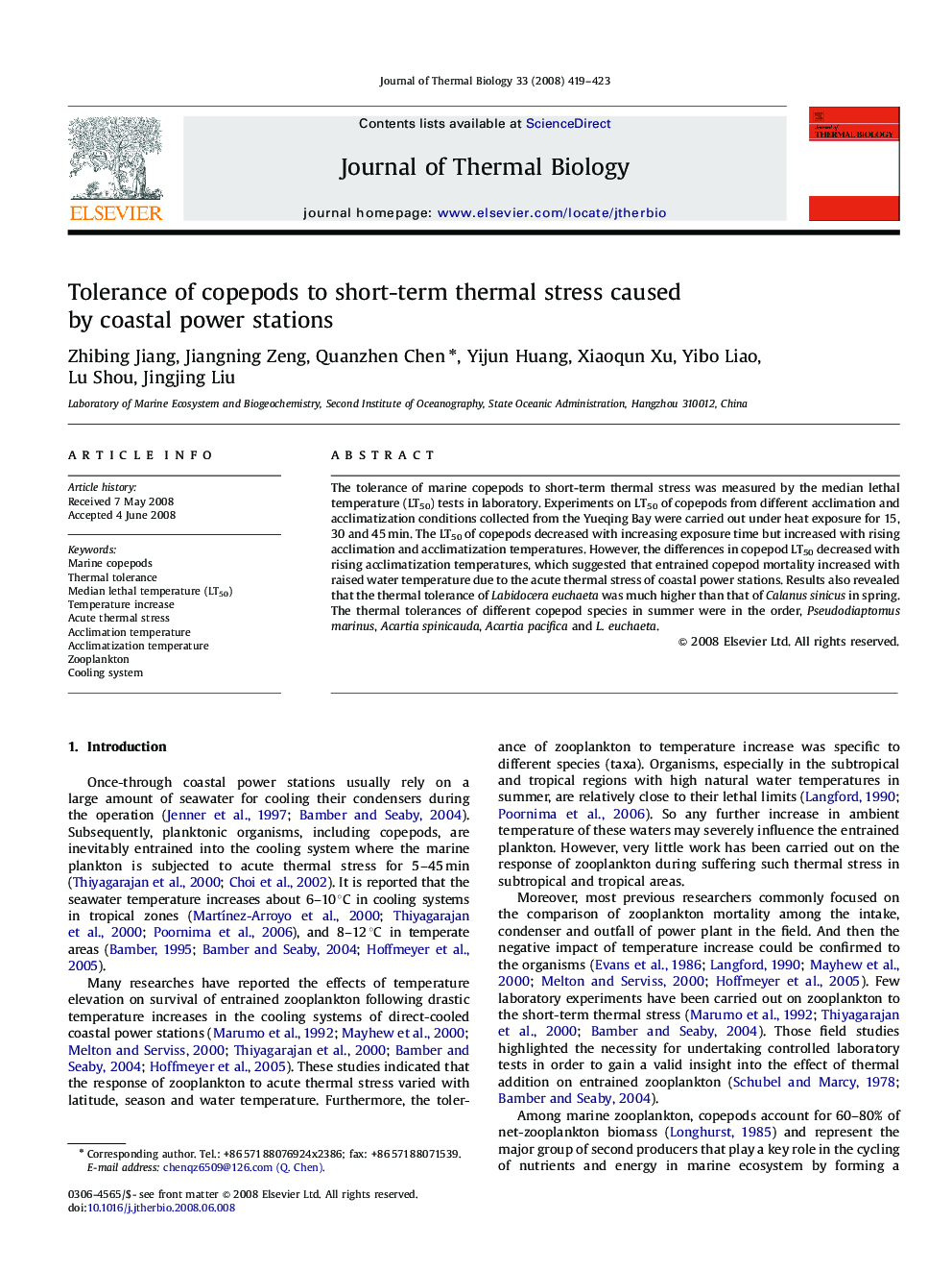 Tolerance of copepods to short-term thermal stress caused by coastal power stations