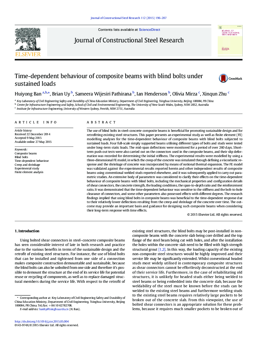 Time-dependent behaviour of composite beams with blind bolts under sustained loads