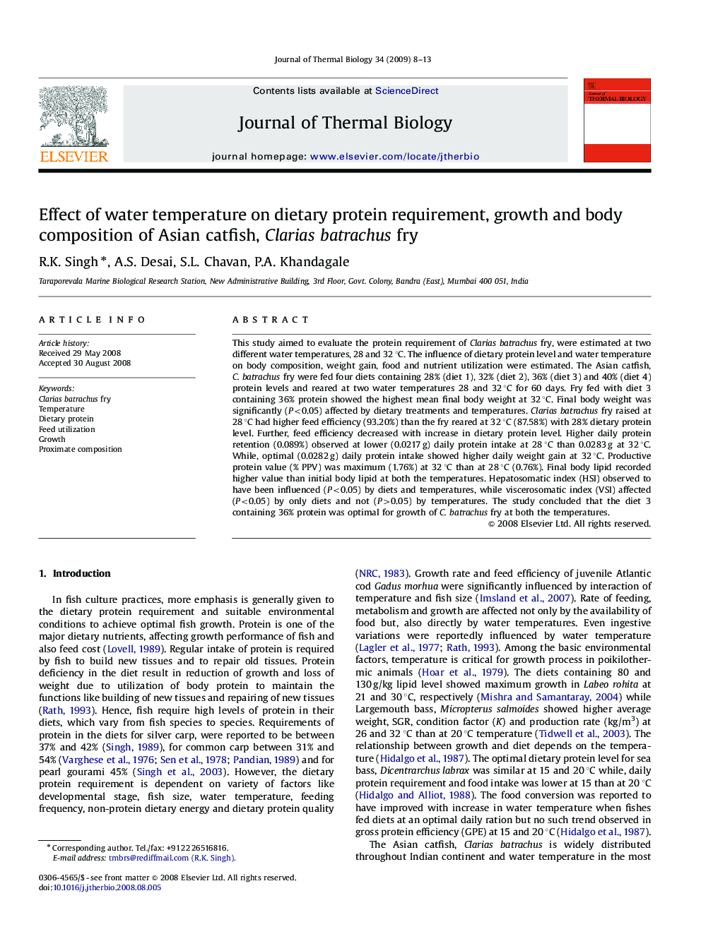 Effect of water temperature on dietary protein requirement, growth and body composition of Asian catfish, Clarias batrachus fry