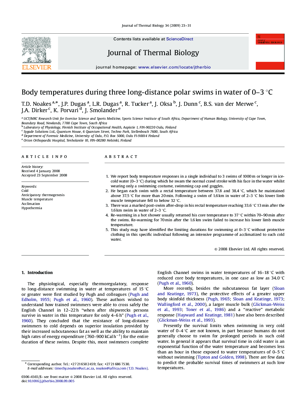 Body temperatures during three long-distance polar swims in water of 0–3 °C