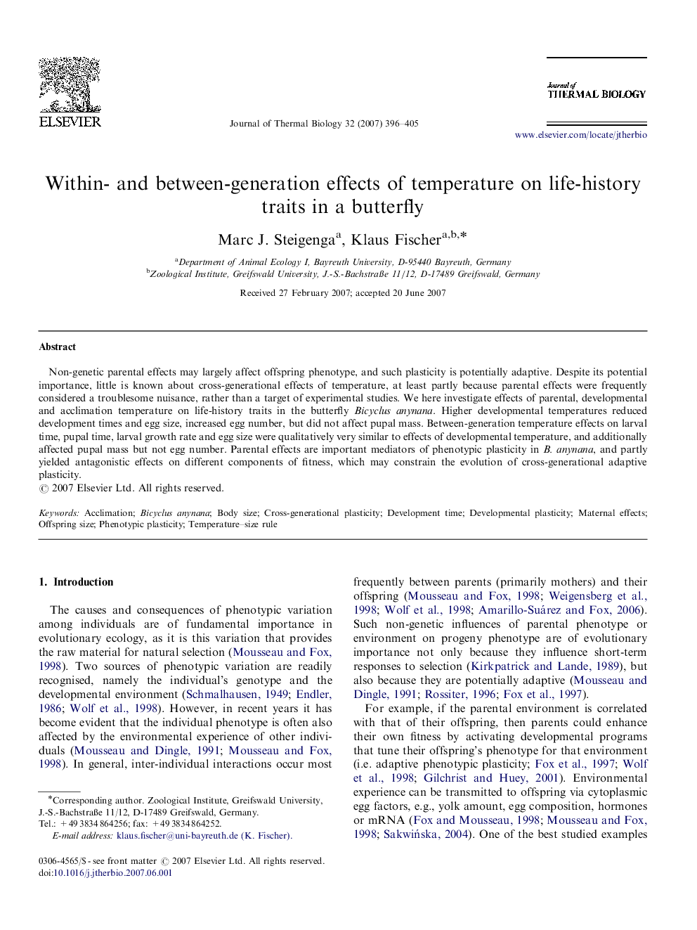 Within- and between-generation effects of temperature on life-history traits in a butterfly