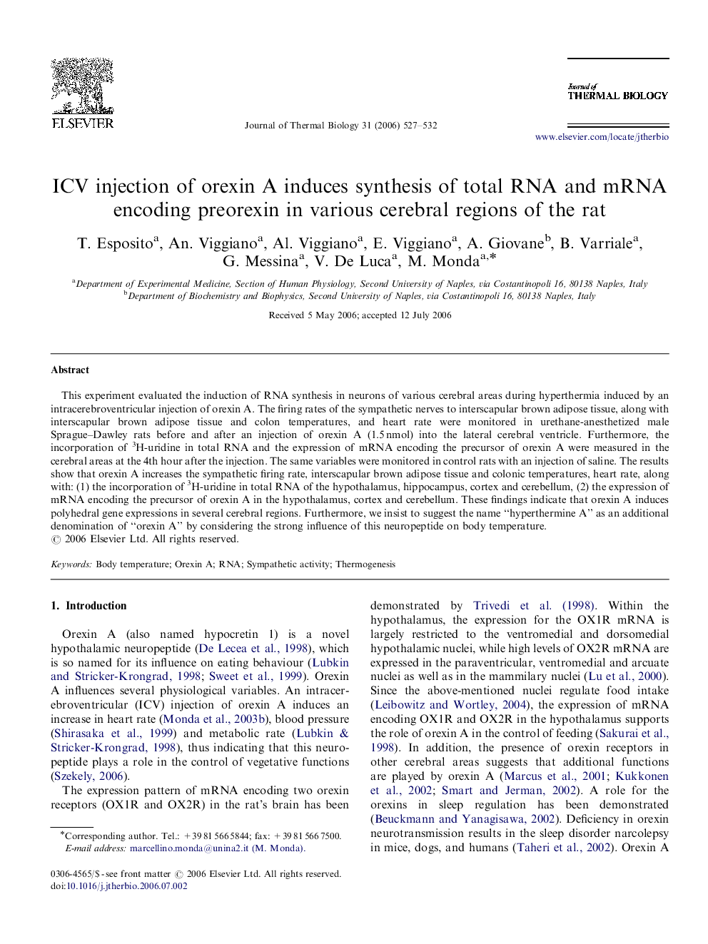 ICV injection of orexin A induces synthesis of total RNA and mRNA encoding preorexin in various cerebral regions of the rat