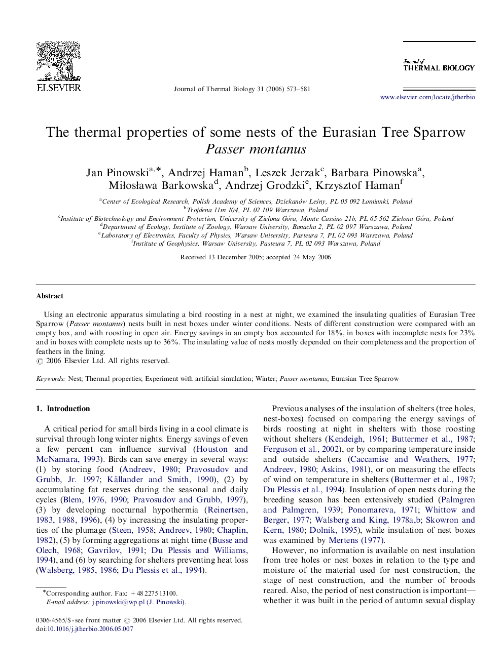 The thermal properties of some nests of the Eurasian Tree Sparrow Passer montanus