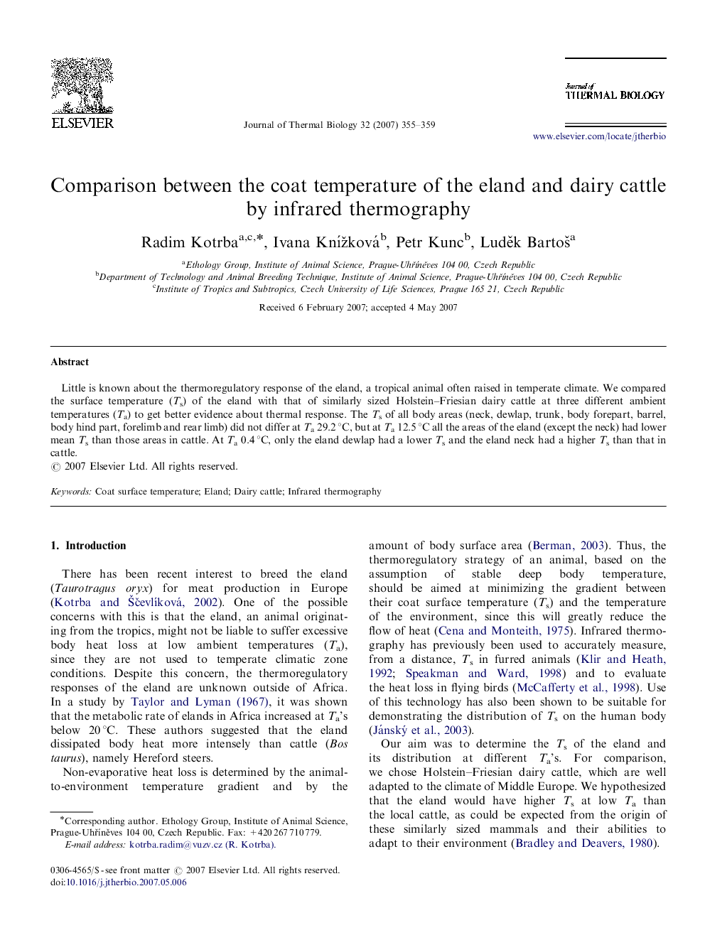 Comparison between the coat temperature of the eland and dairy cattle by infrared thermography