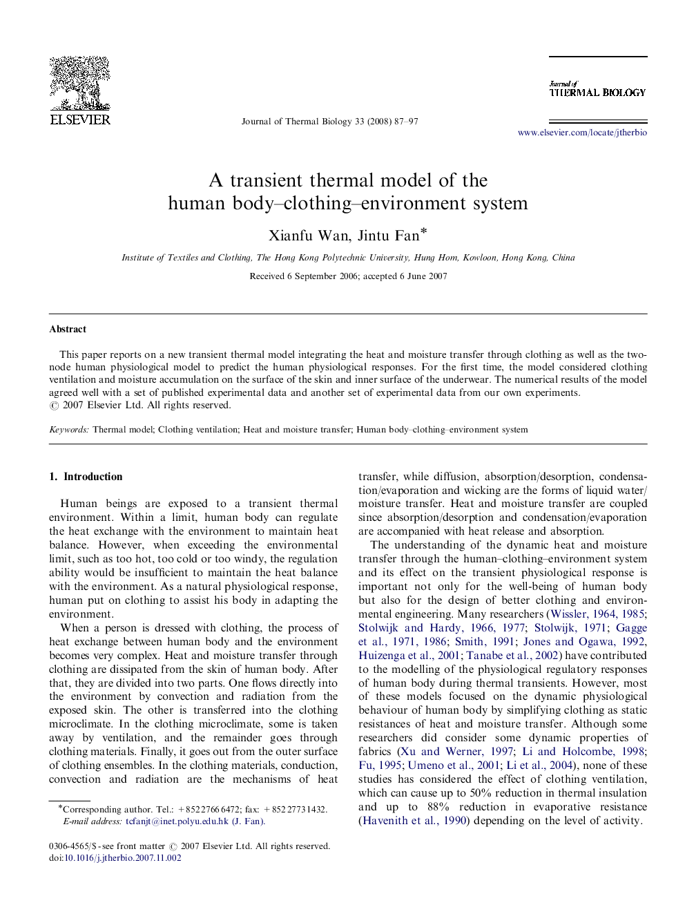 A transient thermal model of the human body–clothing–environment system