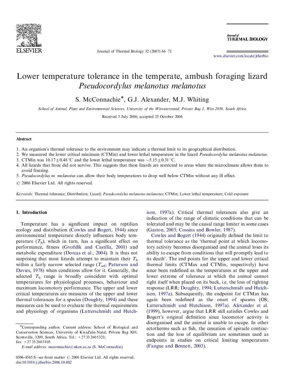 Lower temperature tolerance in the temperate, ambush foraging lizard Pseudocordylus melanotus melanotus