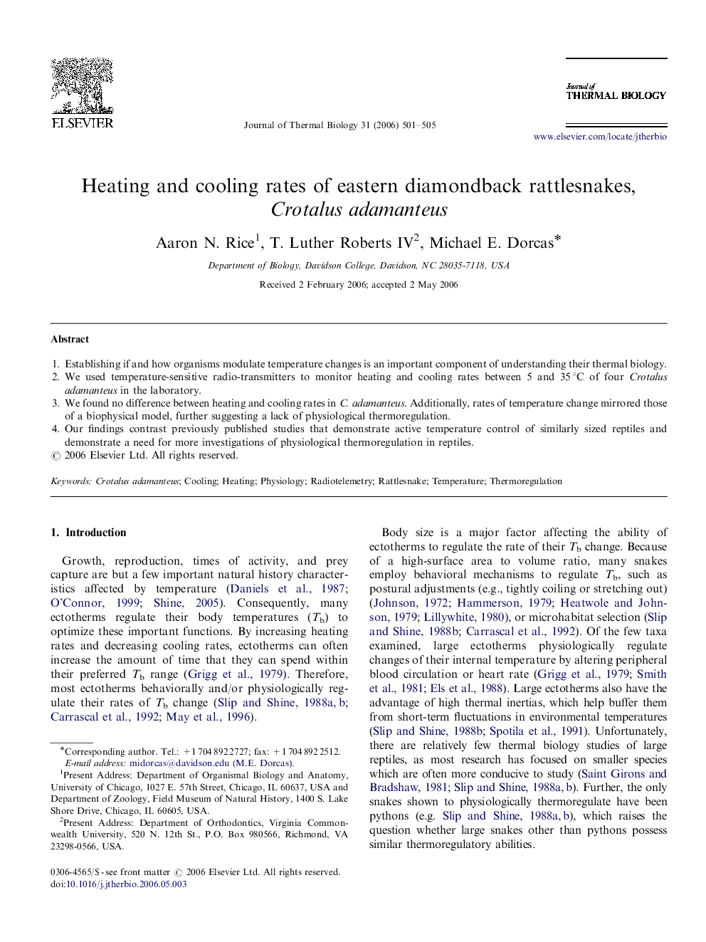 Heating and cooling rates of eastern diamondback rattlesnakes, Crotalus adamanteus