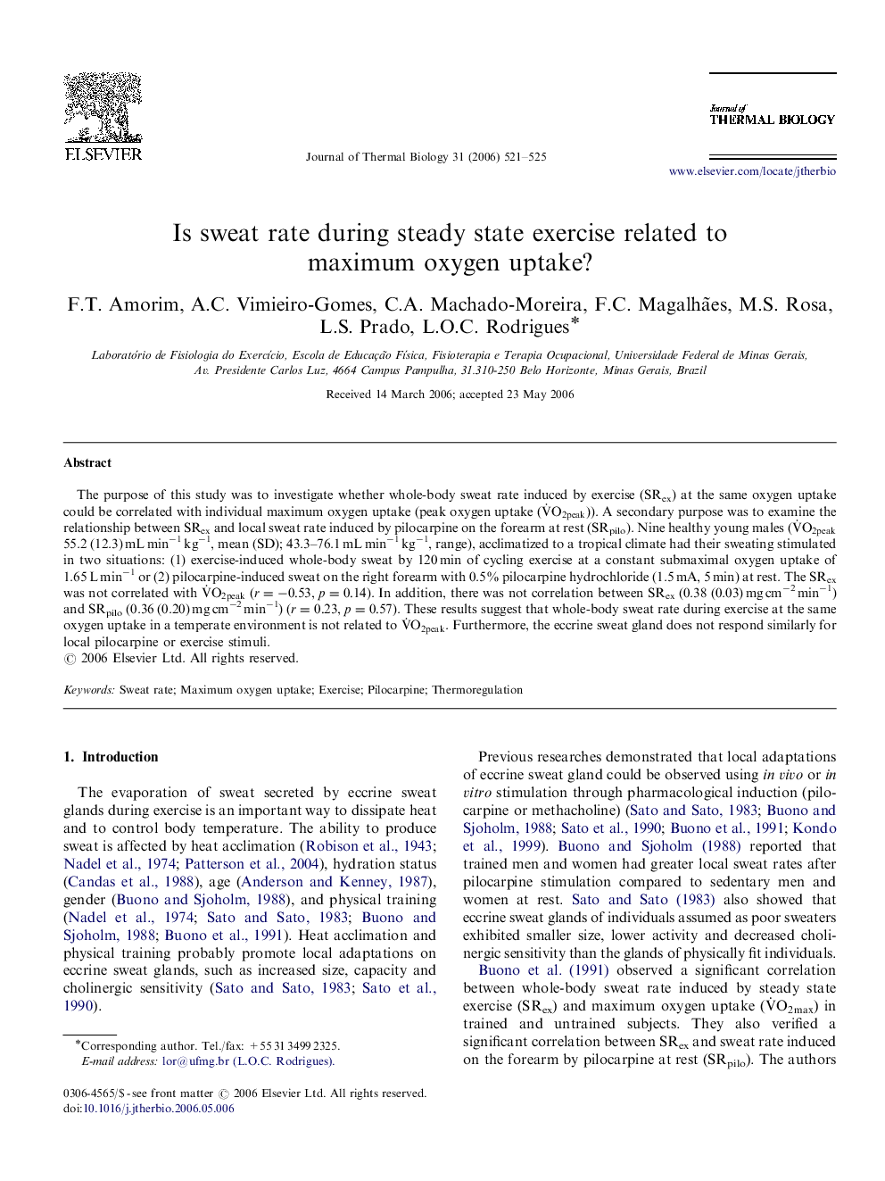 Is sweat rate during steady state exercise related to maximum oxygen uptake?