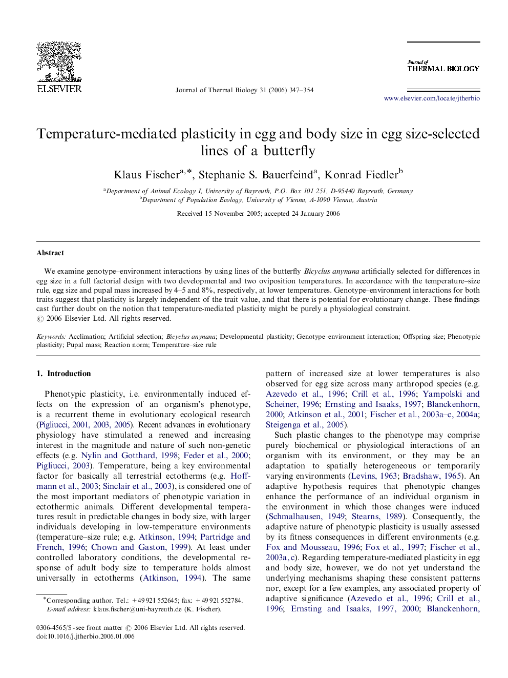 Temperature-mediated plasticity in egg and body size in egg size-selected lines of a butterfly