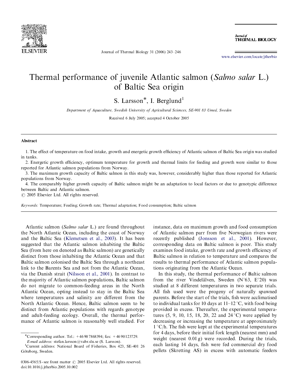 Thermal performance of juvenile Atlantic salmon (Salmo salar L.) of Baltic Sea origin