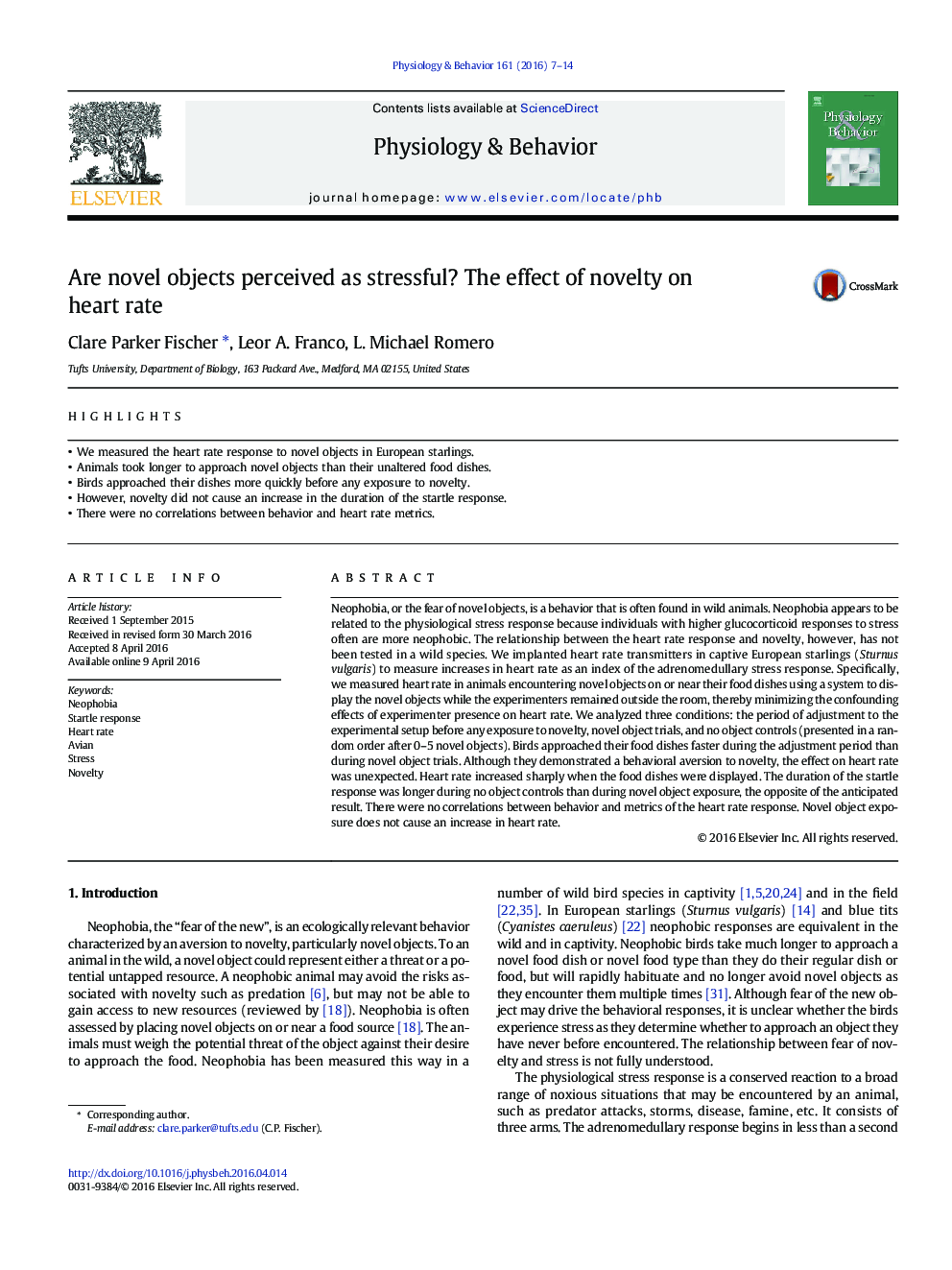 Are novel objects perceived as stressful? The effect of novelty on heart rate