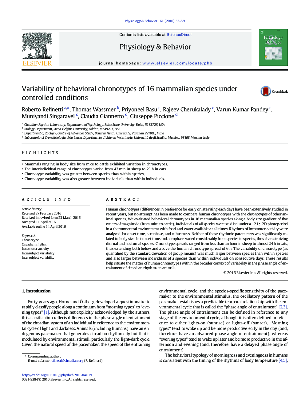 Variability of behavioral chronotypes of 16 mammalian species under controlled conditions