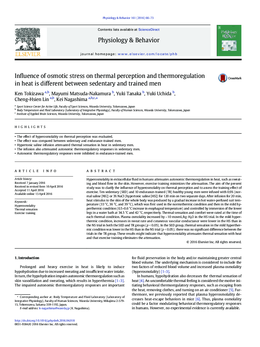 Influence of osmotic stress on thermal perception and thermoregulation in heat is different between sedentary and trained men