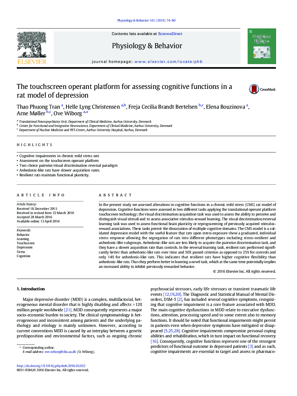 The touchscreen operant platform for assessing cognitive functions in a rat model of depression