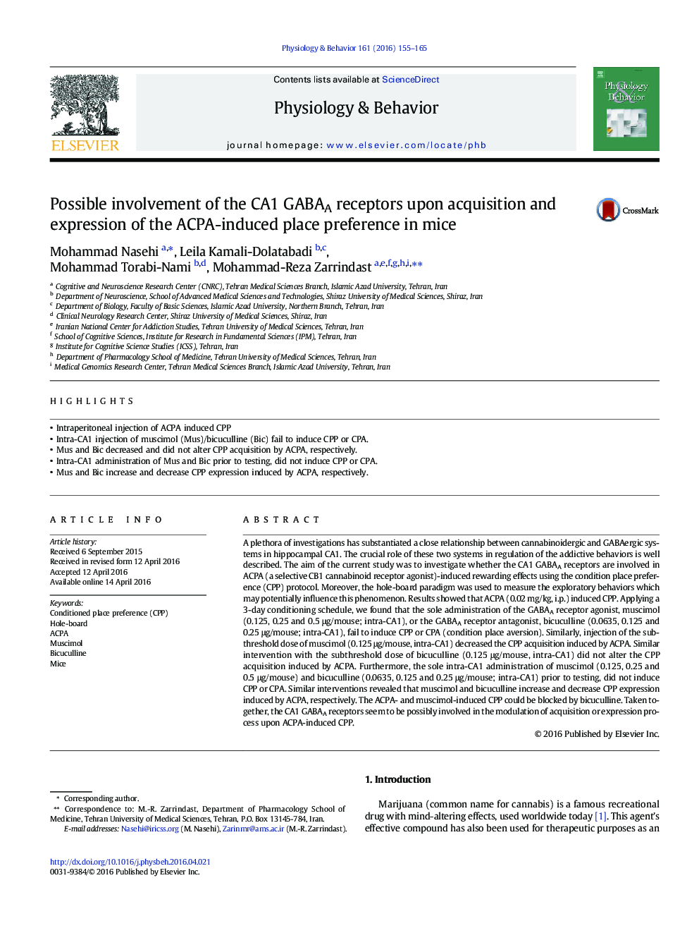 Possible involvement of the CA1 GABAA receptors upon acquisition and expression of the ACPA-induced place preference in mice